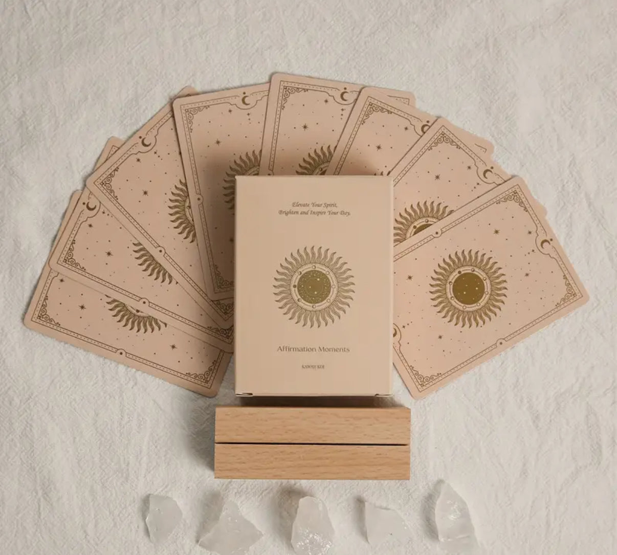Affirmation cards styled with clear quartz crystal