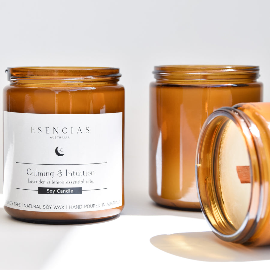Calming and Intuition candle shown in a clear product-focused image, highlighting its sleek design and soothing qualities.
