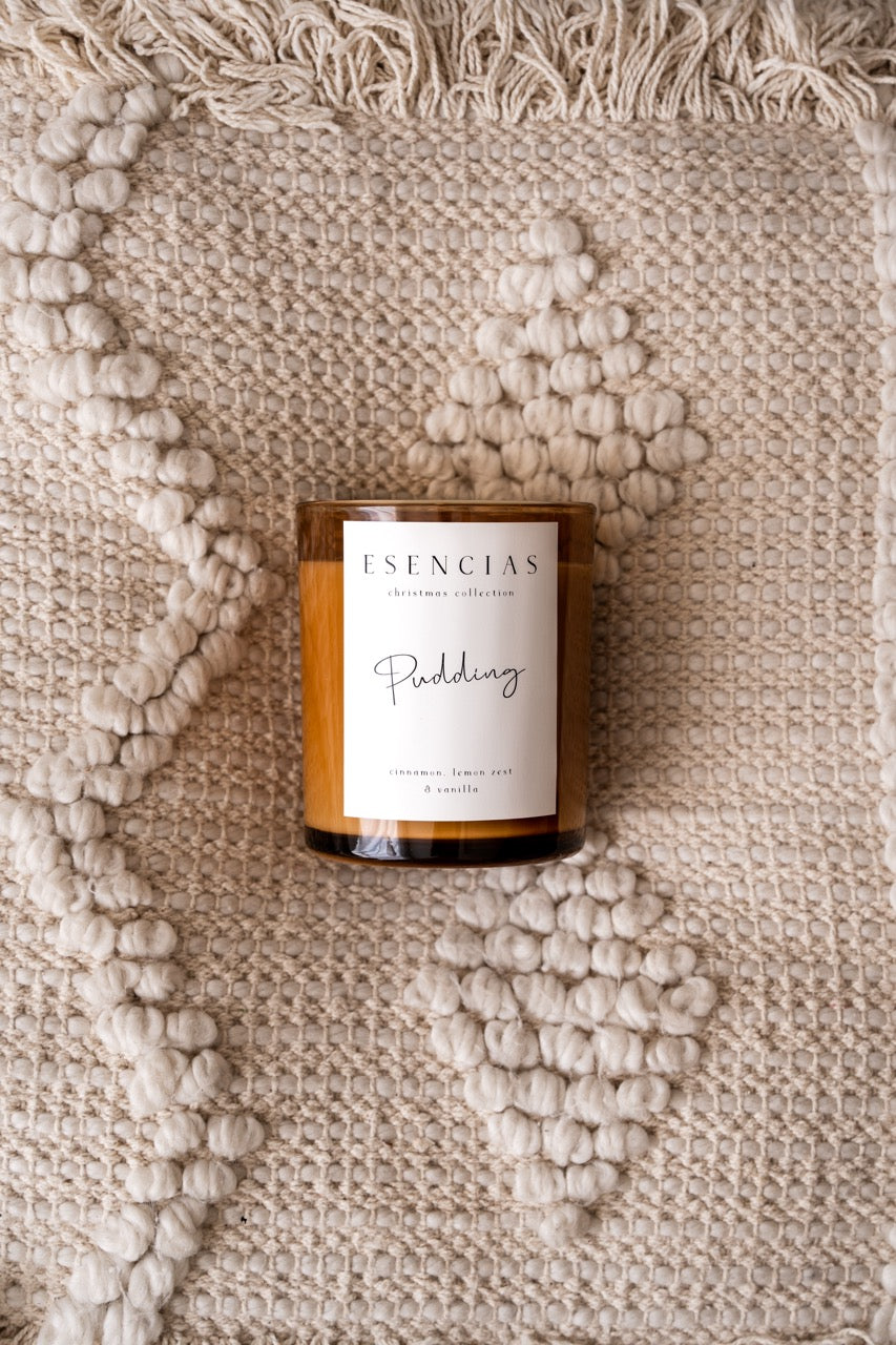 Christmas Range Pudding styled on rattan rug. 