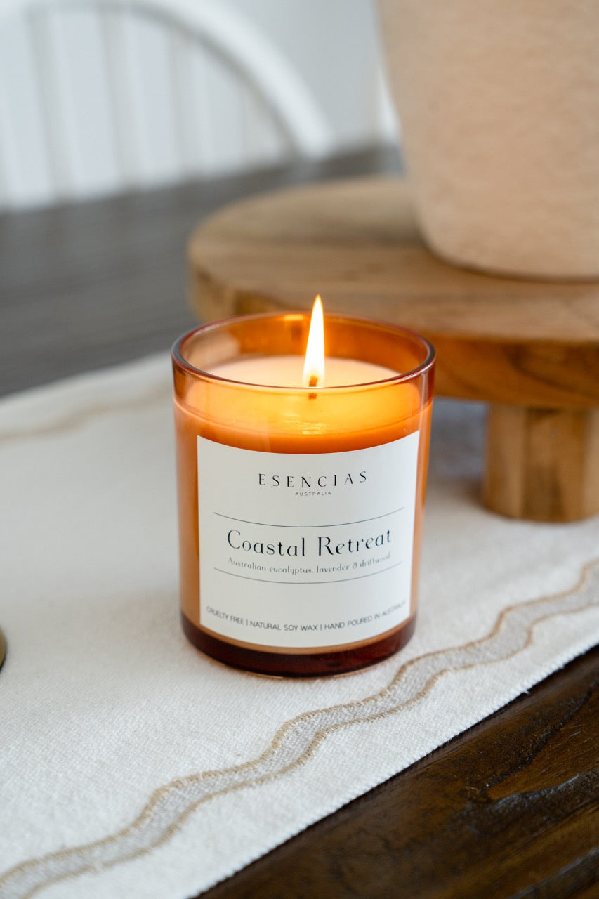 Close up product based shot of Coastal Retreat Soy Candle Signature Range