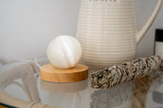 Selenite Sphere & White Sage close up product shots. 