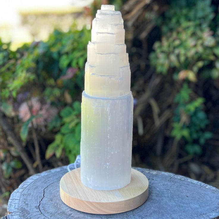 Selenite tower lamp for home energy cleansing and soft light.