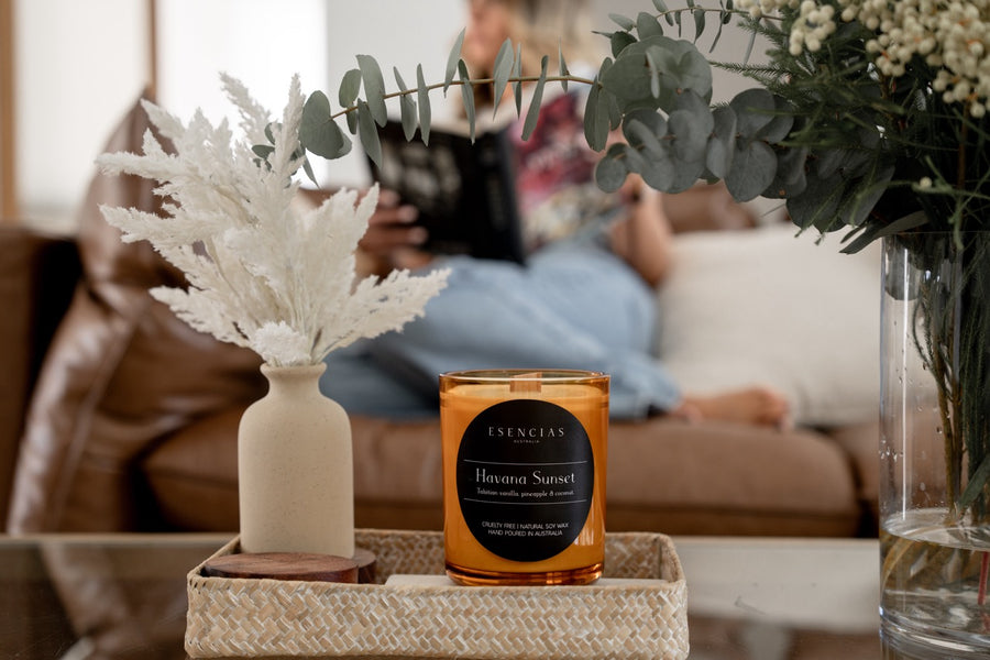 Signature Luxe Candle in Havana Sunset styled with plants and blurred background. 