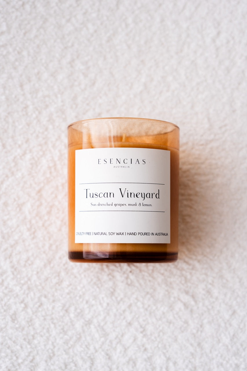 Signature Soy Candle Tuscan Vineyard styled on white background. 