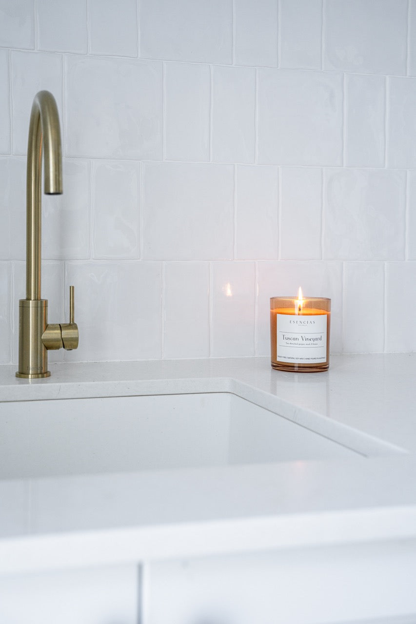 Bathroom lifestyle shot of the Tuscan Vineyard soy candle from the Signature range 
