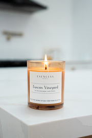 Tuscan Vineyard Soy Candle styled in kitchen close up product shot. 