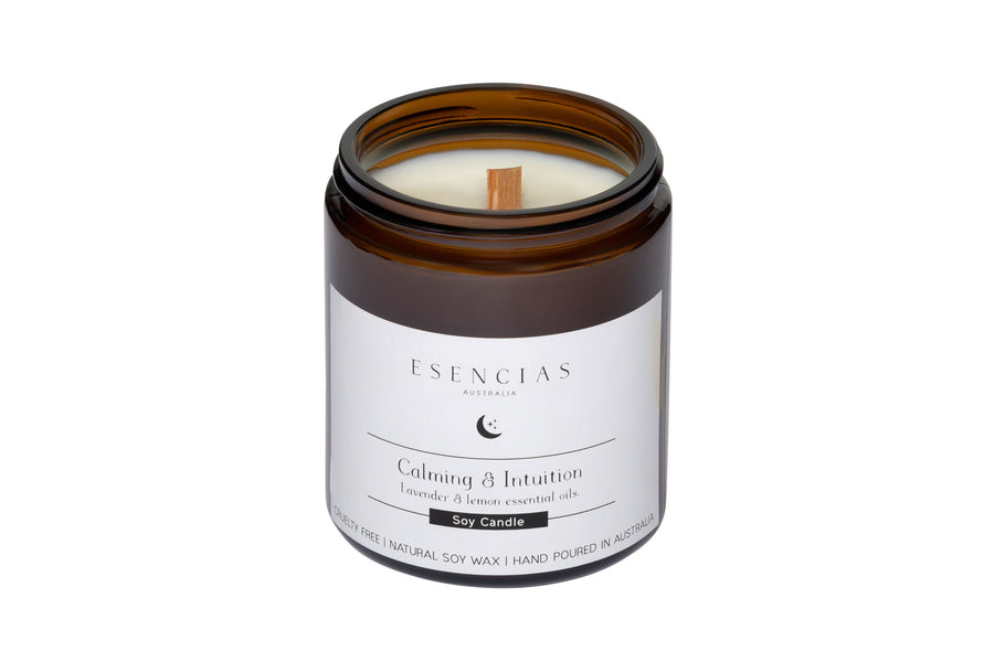 Calming and Intuition candle displayed in a clean, product-focused shot highlighting its elegant design and soothing presence.