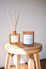 Coastal Retreat candle and reed diffuser in signature amber glass, styled to reflect warm, earthy tones and coastal elegance.