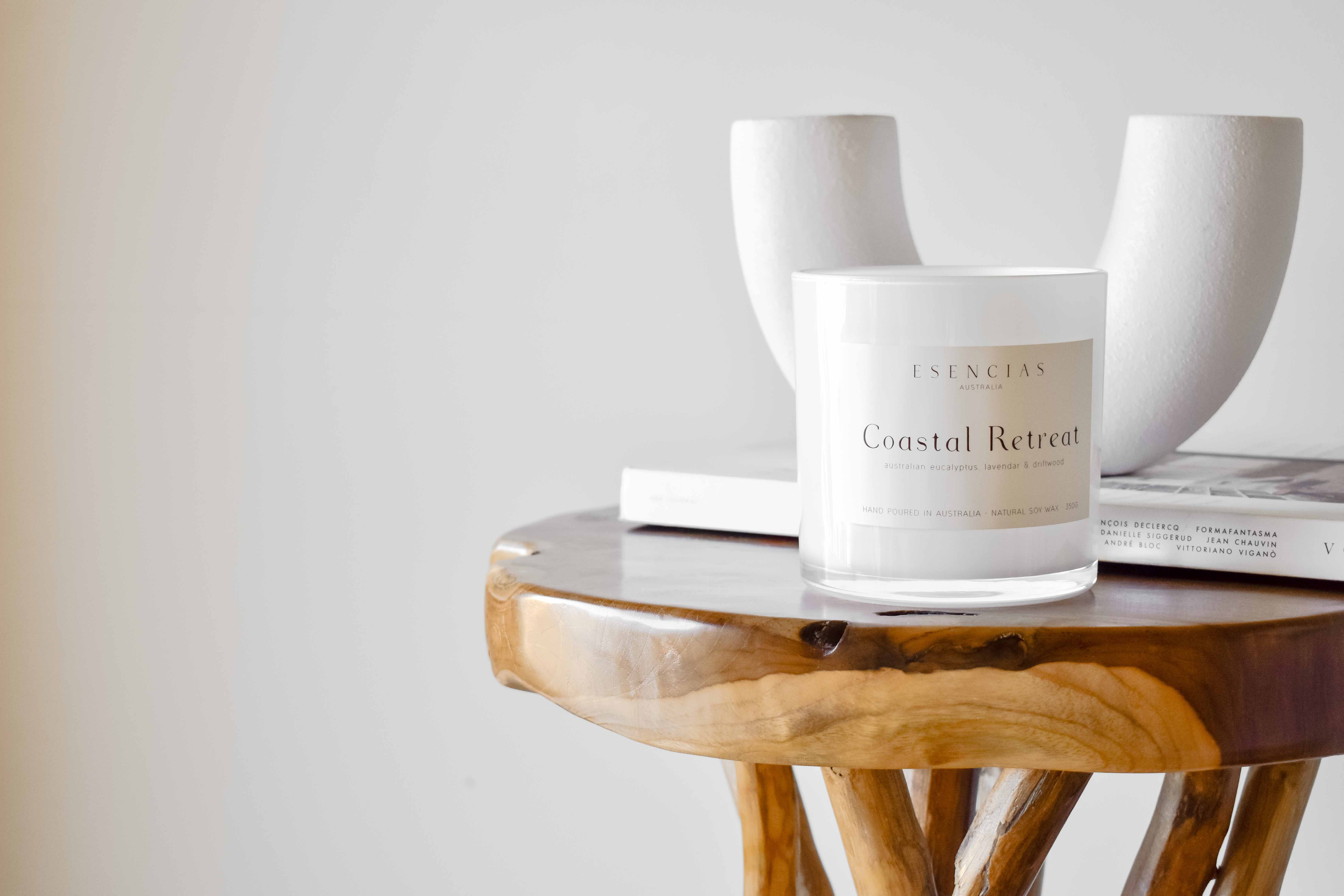 Coastal Retreat soy candle showcased in a lifestyle image, highlighting its calming coastal ambiance and natural elegance.