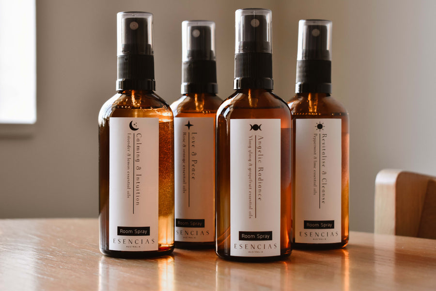 Full collection of Esencias room sprays — Calming & Intuition, Love & Peace, Angelic Radiance and Revitalise & Cleanse
