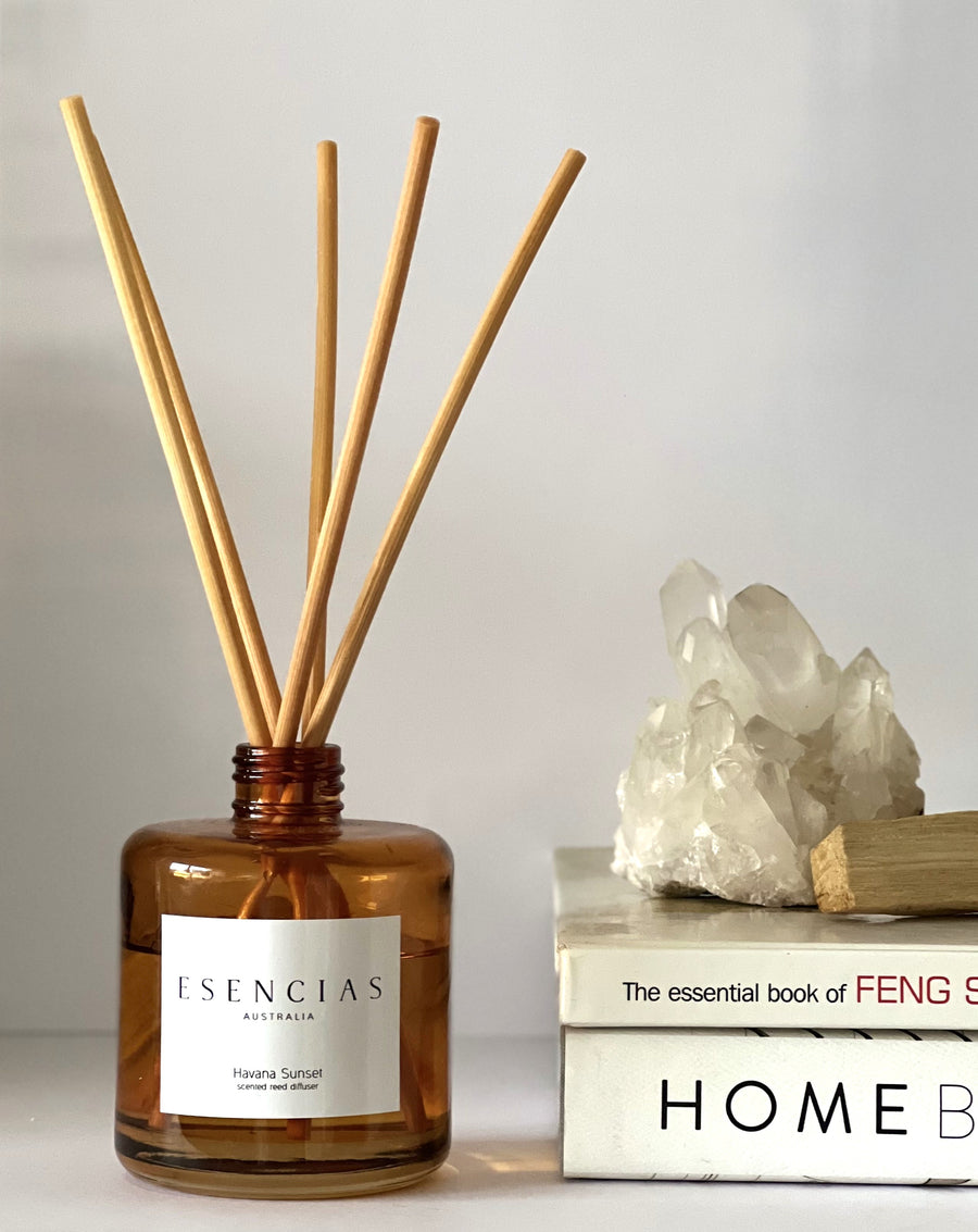 Havana Sunset amber jar reed diffuser showcased in a product-focused image, emphasising its elegant design and cozy, welcoming vibe.