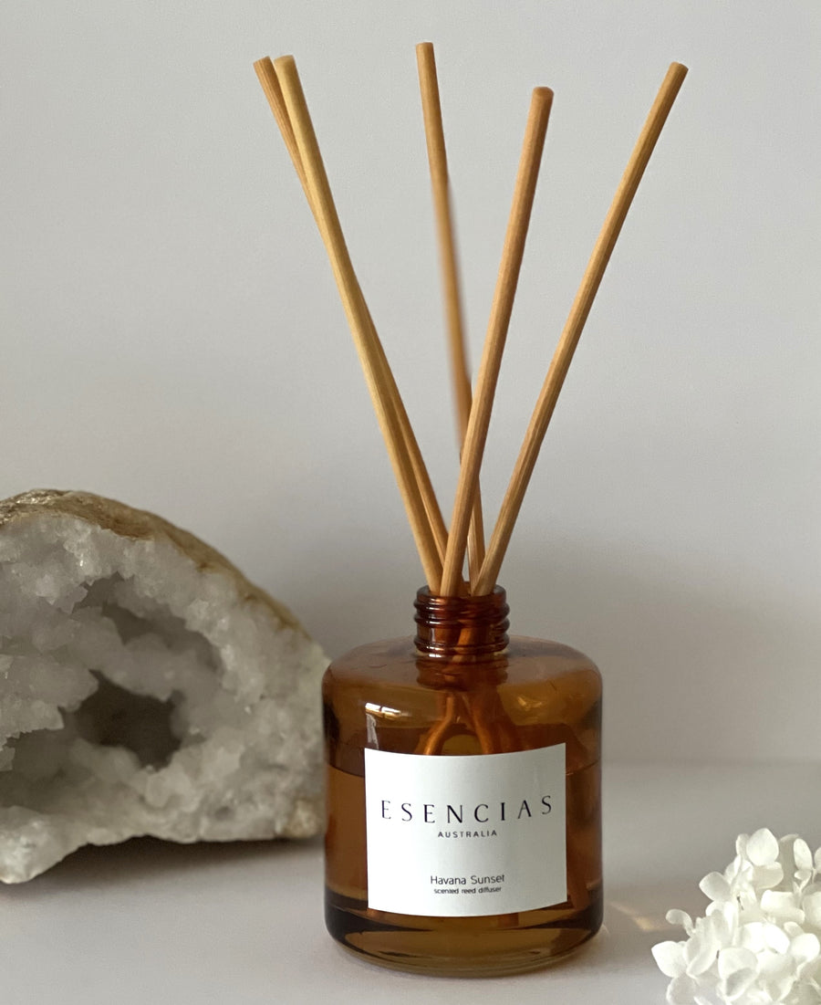 Havana Sunset reed diffuser in amber jar presented in a clean product shot, highlighting its sleek design and warm, inviting aesthetic.