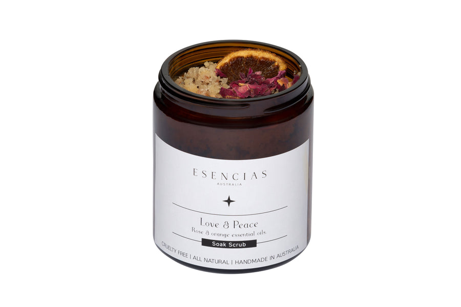 Love and Peace soak displayed in a clean, product-focused image showcasing its packaging and soothing self-care essence.