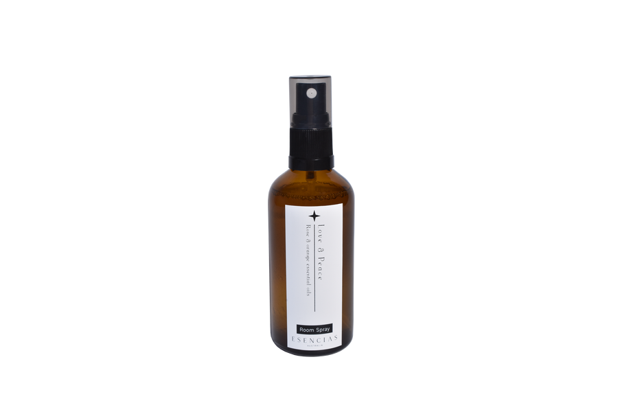 Love and Peace room spray featured in a clean, product-focused image, showcasing its sleek amber bottle and peaceful aroma.
