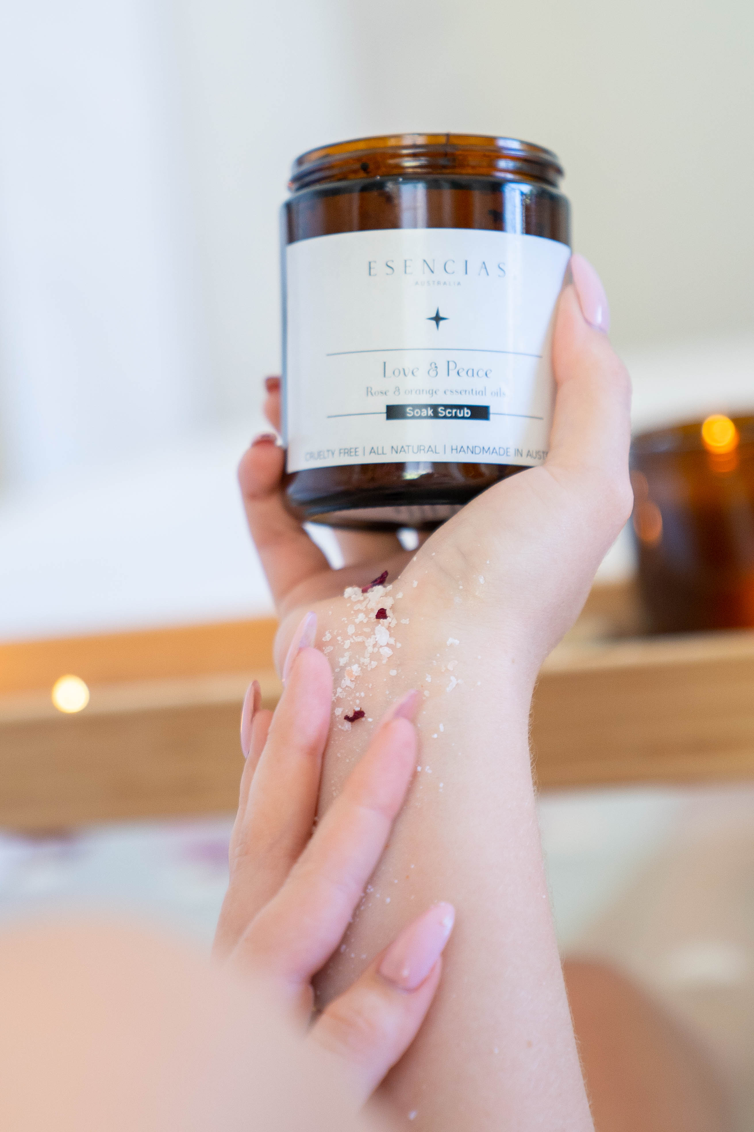 Love and Peace soak scrub styled in a calming lifestyle setting, evoking relaxation and self-care with natural, soothing elements.
