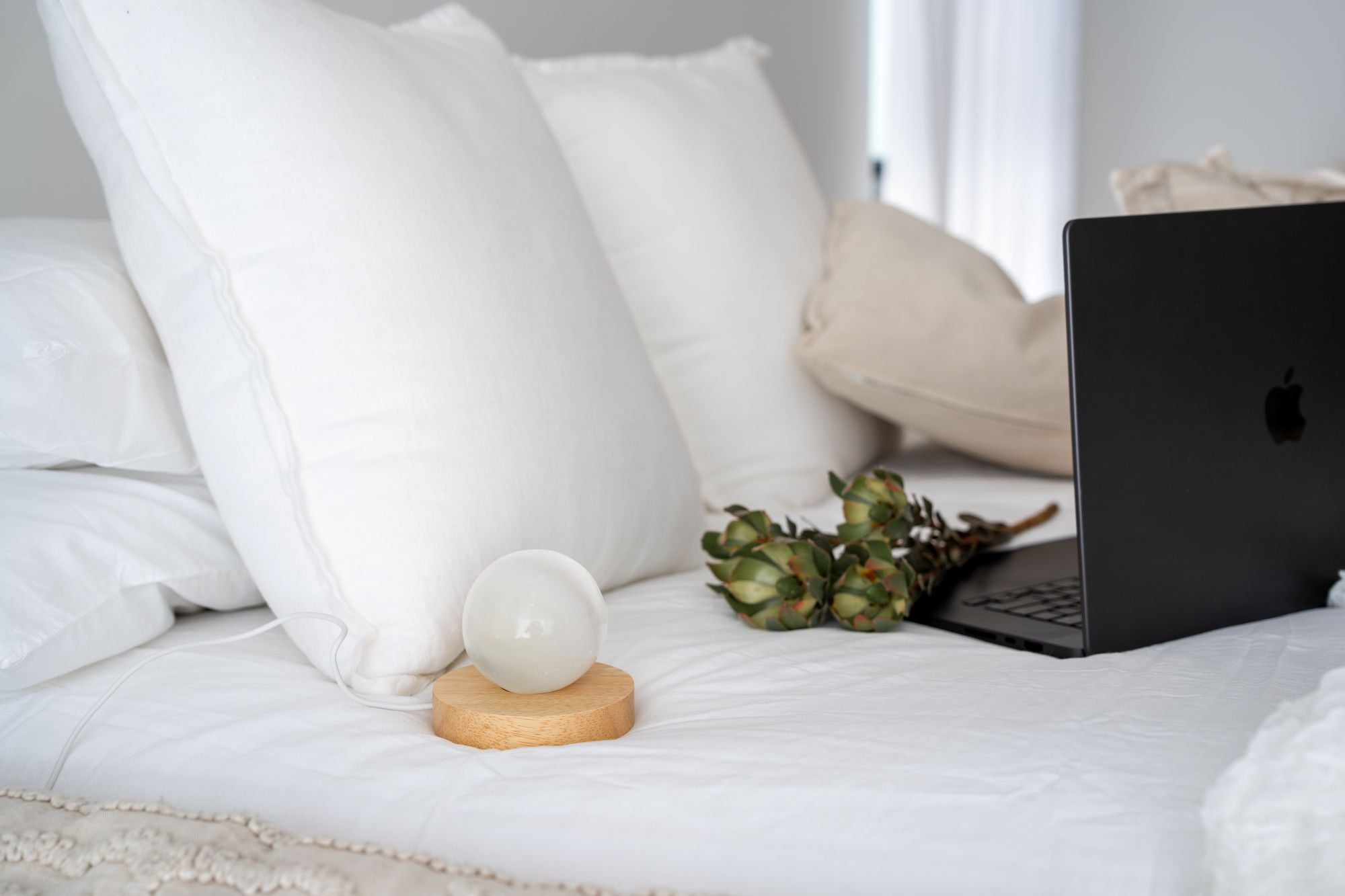 Laptop on a bed with selenite sphere LED lamp and dried flowers.